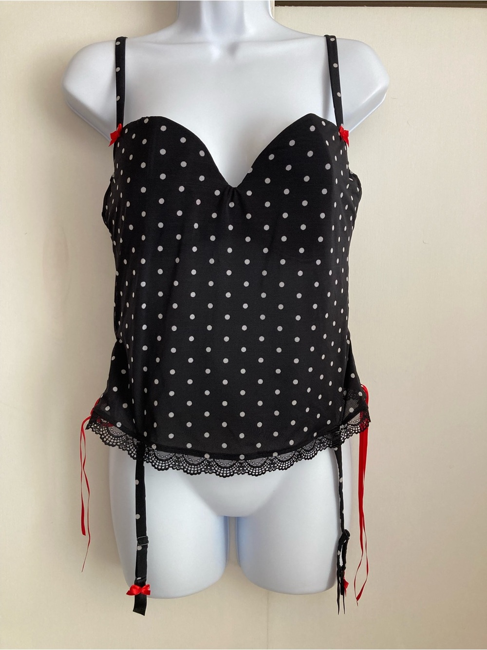 Victoria’s Secret Sexy Little Things Black Polka Dot Bustier W Garter Straps 34D